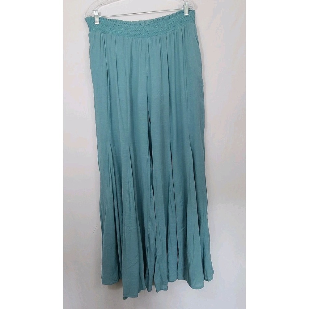 Sundance Beach Dreamer Blue Green Wide Leg Pants Palazzo Flare Smocked Sz L